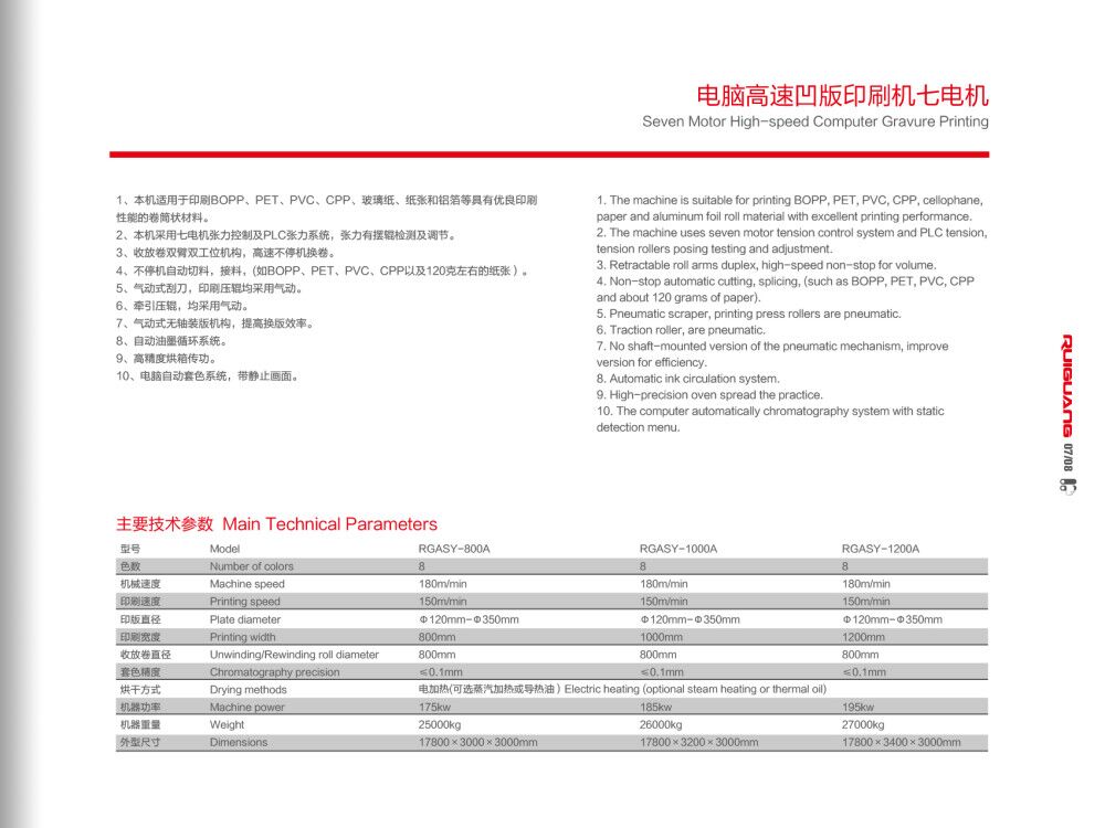 電腦高速凹版印刷機七電組技術參數